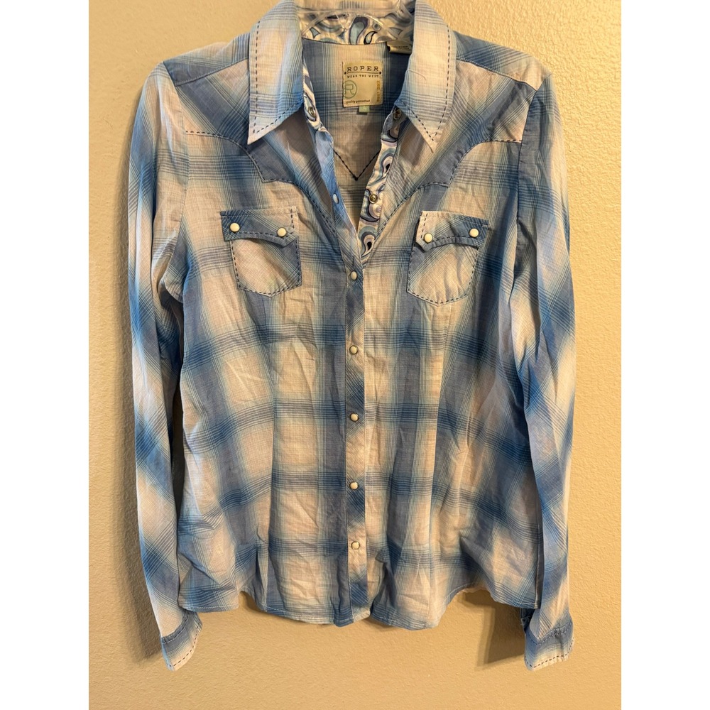 Roper Western Plaid Pearl Snap Shirt Blue White Women's Size Large